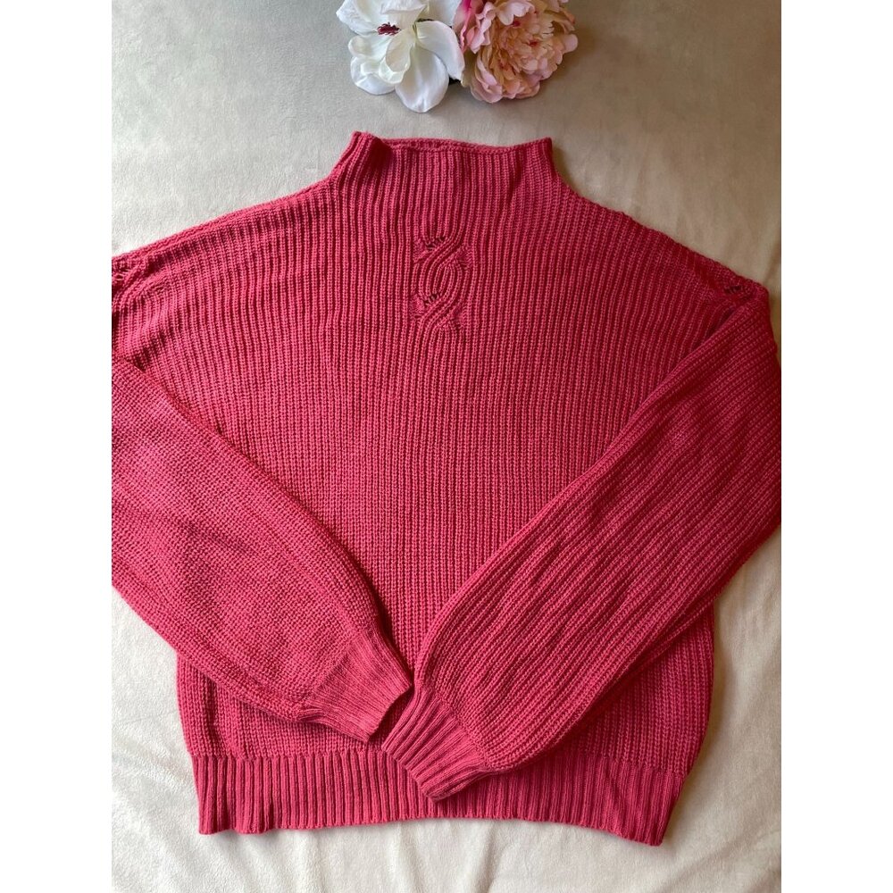 Vintage Misslook Womens Ribbed Knit Sweater - Hot Pink - Size M High Neck Cottag